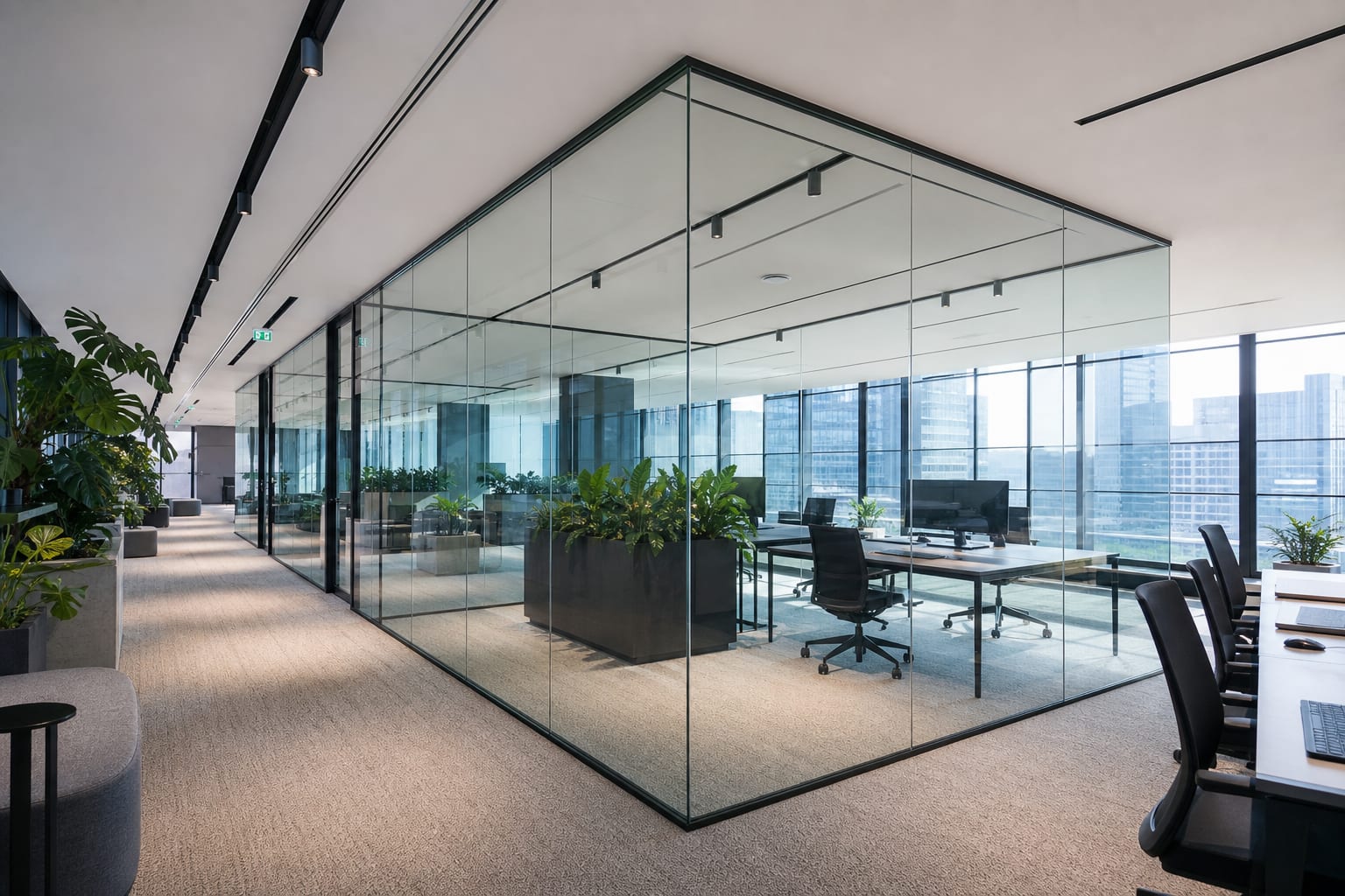 Open-plan glass partition workspace